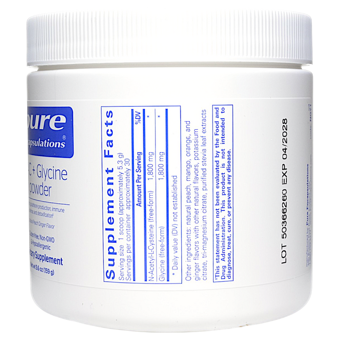 Pure Encapsulations NAC + Glycine Powder 5.6 oz supplement facts label