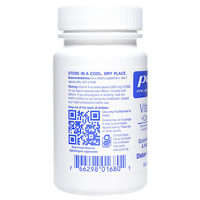 Pure Encapsulations Vitamin A + Carotenoids 90 capsules suggested use label