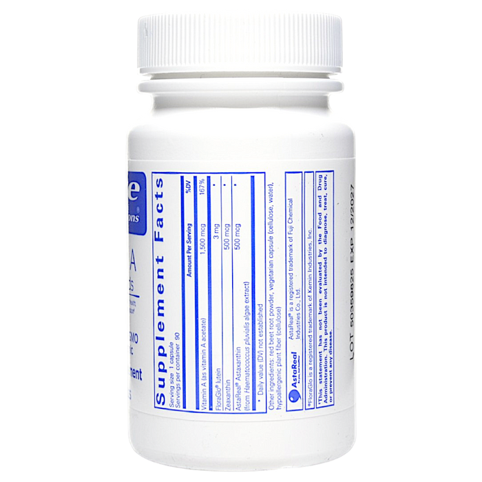 Pure Encapsulations Vitamin A + Carotenoids 90 capsules supplement facts label