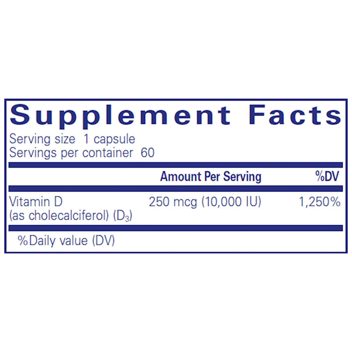 Pure Encapsulations, Vitamin D3 10,000 IU 60 capsules supplement facts