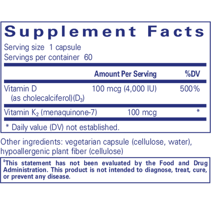 Pure Encapsulations Vitamin D3 & K2 60 capsules supplement facts label