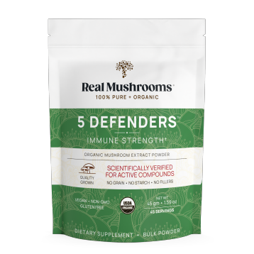 Real Mushrooms 5 Defenders Mushroom Extract Powder, 45 g, front of pouch