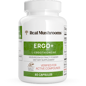 Real Mushrooms Ergo+ L-Ergothioneine, 60 capsules, front of bottle