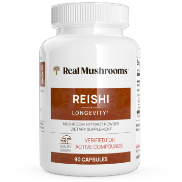 Real Mushrooms Reishi Mushroom Extract, 90 capsules, front of bottle