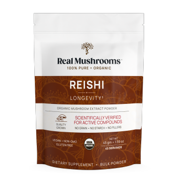 Real Mushrooms Reishi Mushroom Extract Powder, 45 g, front of pouch
