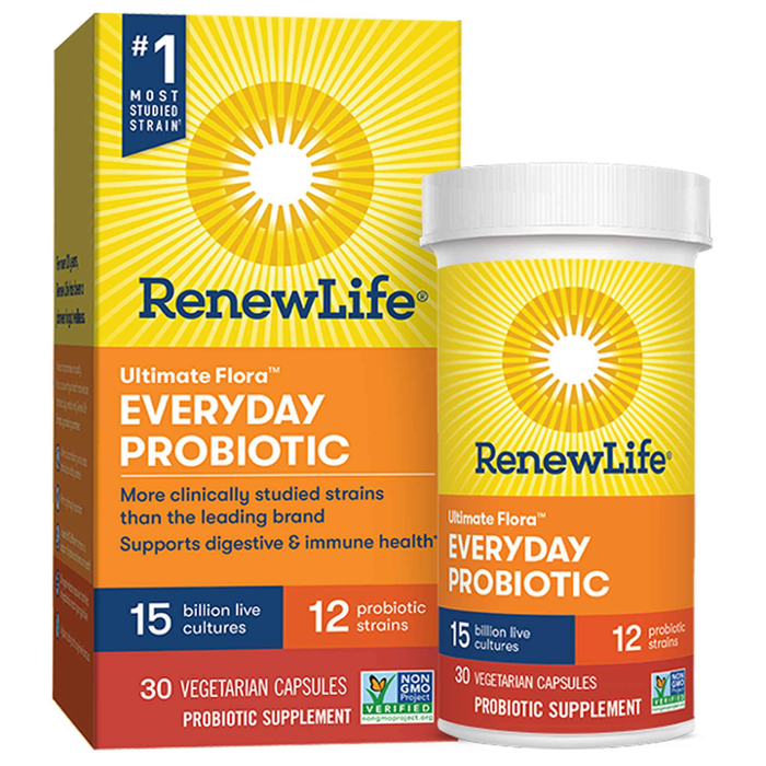 Renew Life Ultimate Flora Everyday Probiotic 15 Billion, 30 capsules, front of box and bottle
