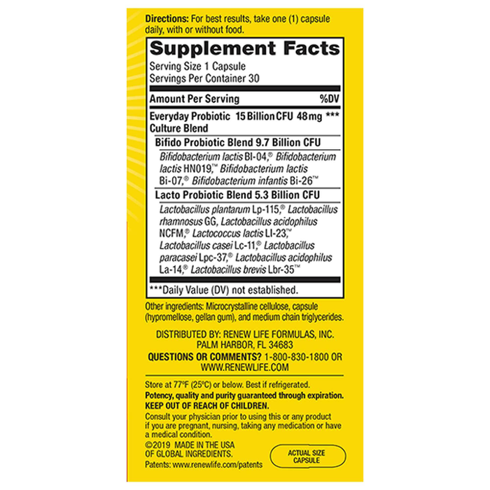 Renew Life Ultimate Flora Everyday Probiotic 15 Billion 30 capsules supplement facts label