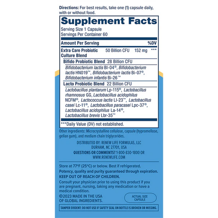 Renew Life Ultimate Flora Extra Care 50 Billion 60 vegetable capsules supplement facts label