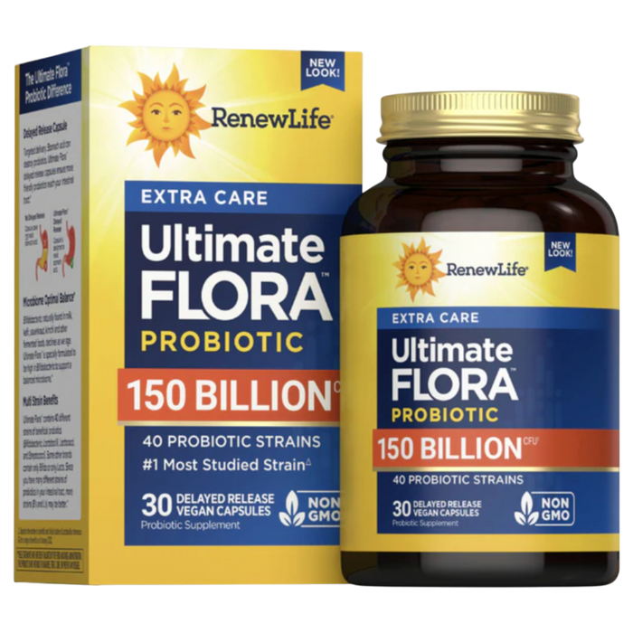 Renew Life Ultimate Flora Extra Care Probiotic 150 Billion, 30 capsules, front of box and bottle
