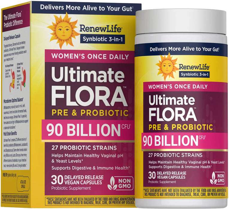 Renew Life Ultimate Flora Women's Care 90 Billion, 30 capsules, front of box and bottle