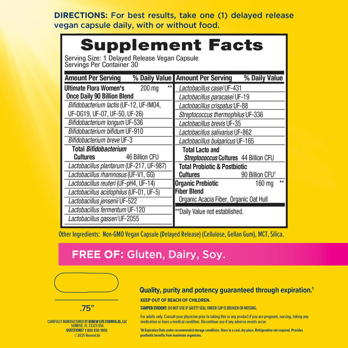 Renew Life Ultimate Flora Women's Care 90 Billion 30 capsules supplement facts label