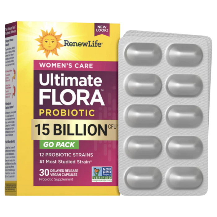 Renew Life Ultimate Flora Women's Care Probiotic 15 Billion, 30 capsules, front of box and blister pack
