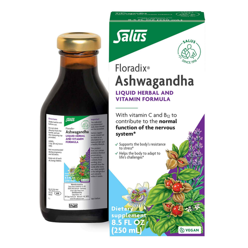Salus Floradix Ashwagandha Liquid, 8.5 fl oz, front of bottle and box