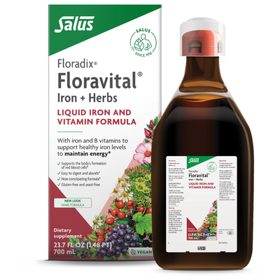 Salus Floradix Floravital Iron + Herbs, 23.7 fl oz, front of bottle and box