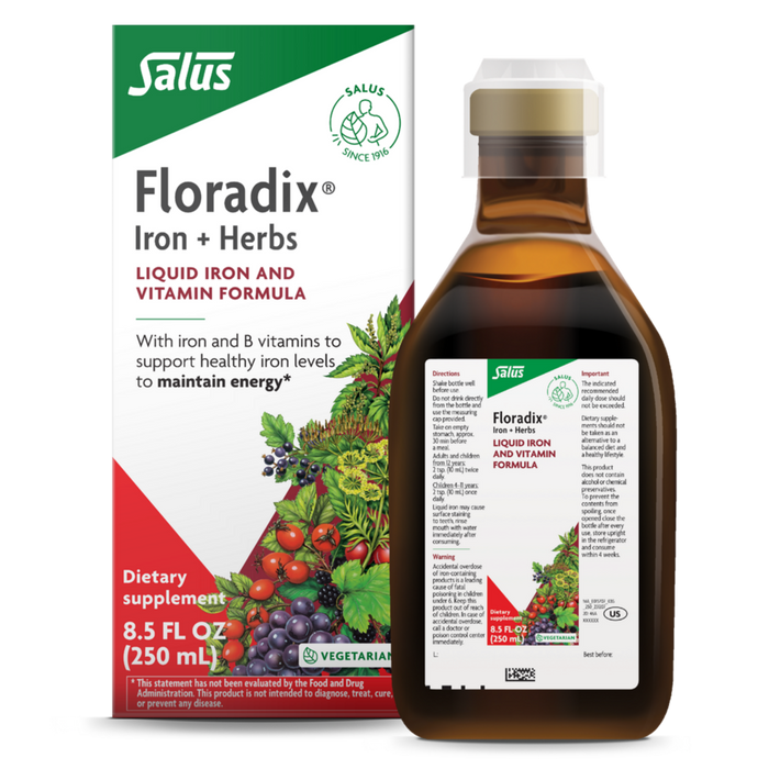 Salus Floradix Iron + Herbs Liquid, 8.5 fl oz, front of bottle and box