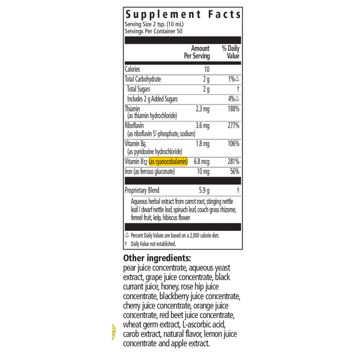 Salus Floradix Iron + Herbs Liquid supplement facts label
