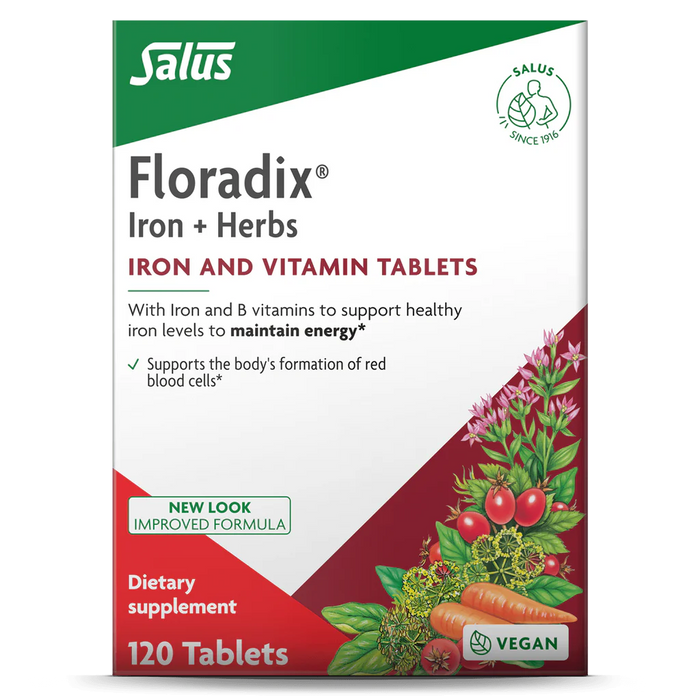 Salus Floradix Iron + Herbs Tablets, 120 tablets, front of box