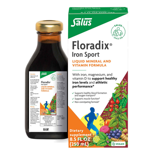 Salus Floradix Iron Sport Liquid, 8.5 fl oz, front of bottle and box