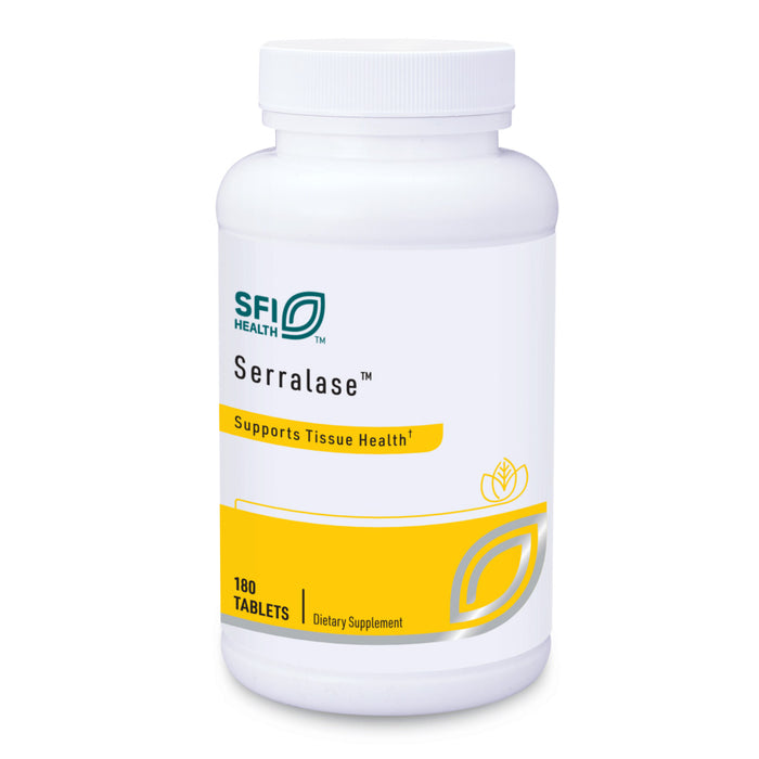Supplement bottle labeled 'Serralase' by SFI Health on a white background