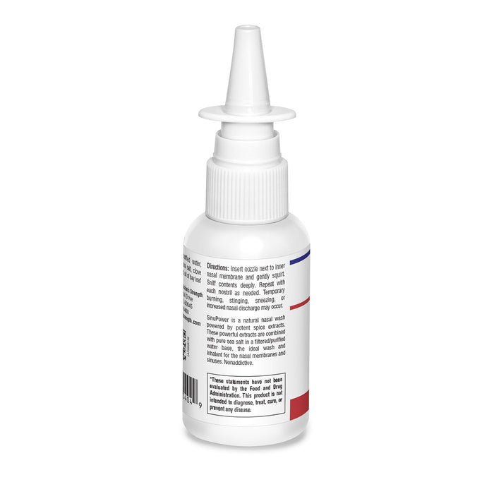 A white plastic nasal spray bottle with a white nozzle, shown from the back to display the text label. The bottle has blue and red accent lines on the label.