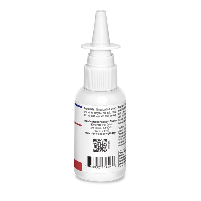 A white plastic nasal spray bottle with a pointed nozzle cap, shown from the back against a plain white background. The label contains black text, a barcode, and small blue and red accent lines.