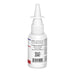 A white plastic nasal spray bottle with a pointed nozzle cap, shown from the back against a plain white background. The label contains black text, a barcode, and small blue and red accent lines.