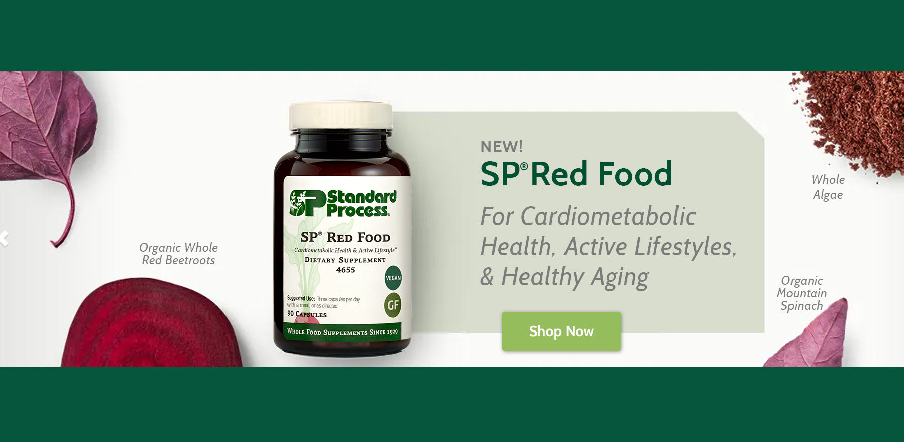 Bottle of SP Red Food supplement with promotional text on a green background