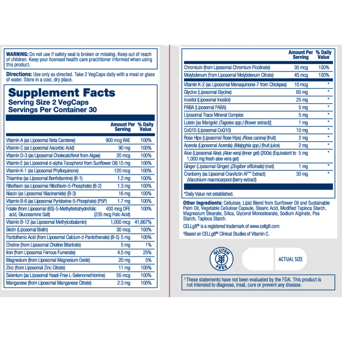 Solaray Liposomal Women's 50+ Multivitamin 60 veg capsules supplement facts label