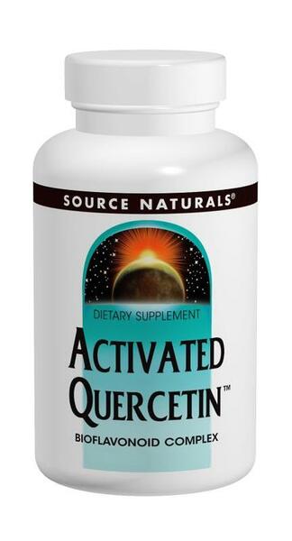 A white plastic bottle of Source Naturals Activated Quercetin 100 capsules dietary supplement, featuring a teal and orange label graphic on a white background.
