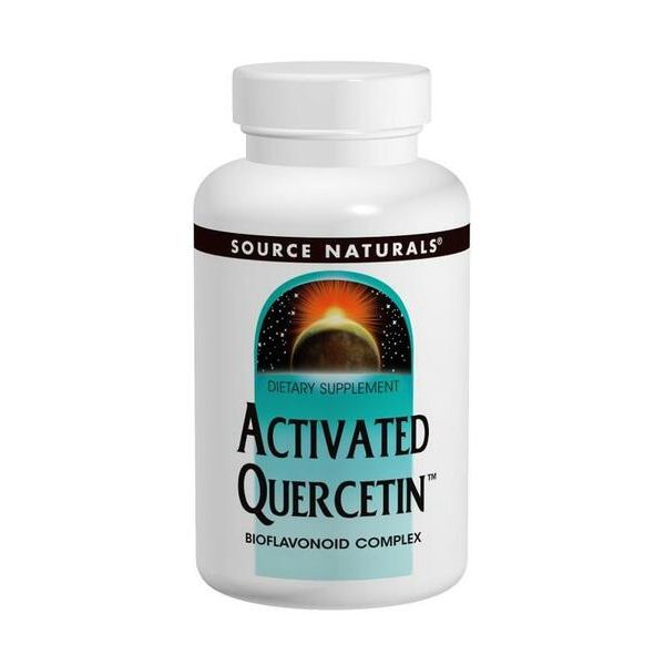 A white plastic bottle of Source Naturals Activated Quercetin 100 capsules dietary supplement, featuring a teal and orange label graphic on a white background.