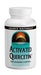 A white plastic bottle of Source Naturals Activated Quercetin 200 capsules dietary supplement, featuring a teal and orange graphic label on a white background.