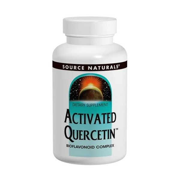 A white plastic bottle of Source Naturals Activated Quercetin 200 capsules dietary supplement, featuring a teal and orange graphic label on a white background.