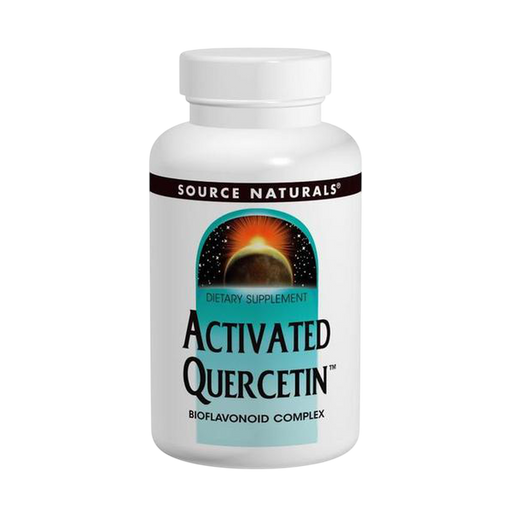 Source Naturals Activated Quercetin 50 capsules dietary supplement bottle, featuring a white plastic bottle with a label that includes a teal and orange graphic of a sun and moon.