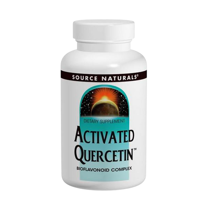 Source Naturals Activated Quercetin 50 capsules dietary supplement bottle, featuring a white plastic bottle with a label that includes a teal and orange graphic of a sun and moon.