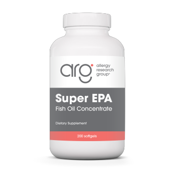 Supplement bottle labeled 'Super EPA Fish Oil Concentrate' by Allergy Research Group on a white background