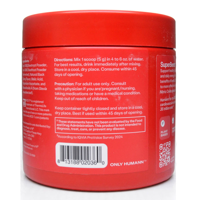 Red supplement jar with label and QR code on a white background