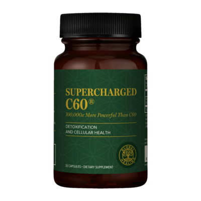 Supplement bottle labeled 'Supercharged C60' on a white background