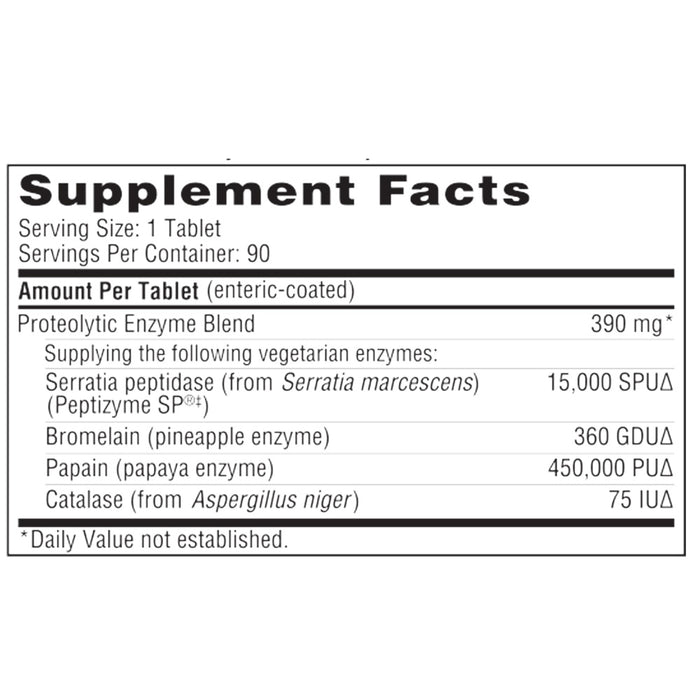 Supplement facts label for a proteolytic enzyme blend tablet on a white background