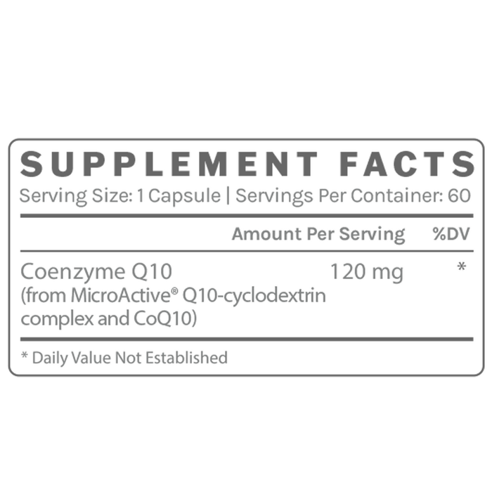 Supplement facts label for CoQ10 on a light gray background 