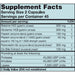 Supplement facts label with detailed nutritional information on a blue background