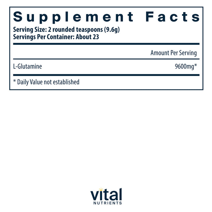 Supplement facts label for L-Glutamine with serving size and container information, featuring the brand 'Vital Nutrients'.