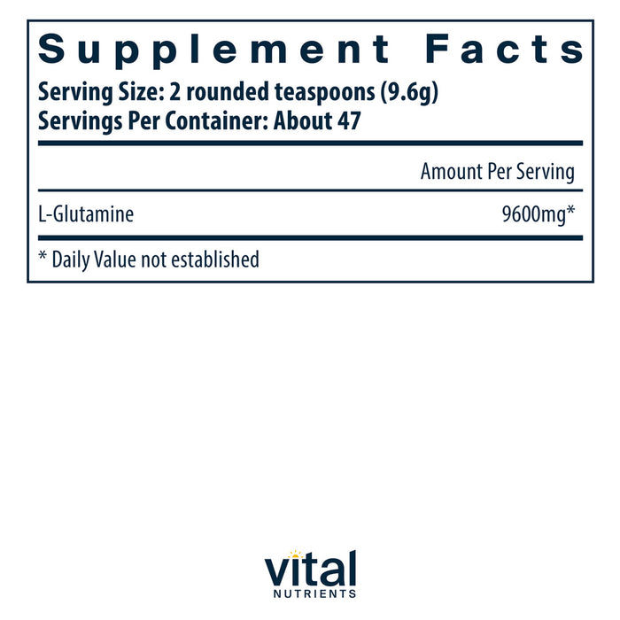Supplement facts label for L-Glutamine with serving size and container information.