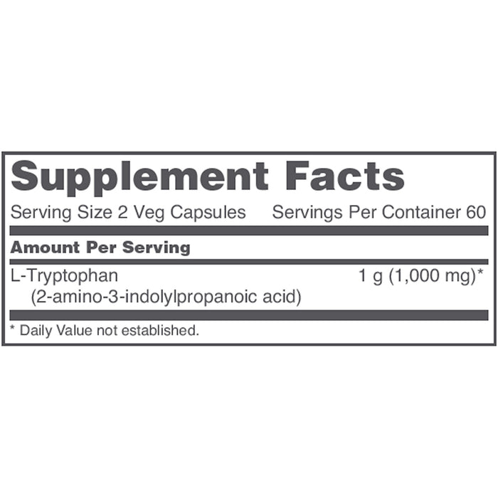 Supplement facts label for L-Tryptophan with serving size and amount per serving.