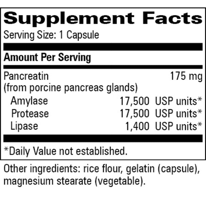 Supplement facts label for a pancreatic enzyme capsule with listed ingredients.