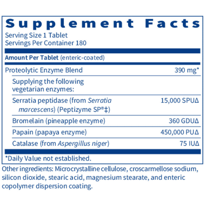 Supplement facts label for a proteolytic enzyme blend tablet with detailed enzyme content.