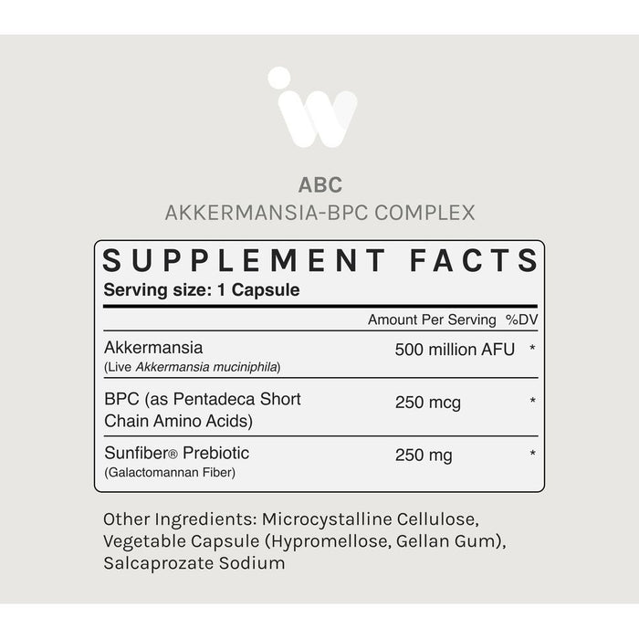 Supplement facts label for ABC Akkermansia-BPC Complex on a light gray background