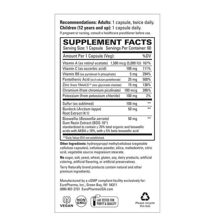 Terry Naturally Acne Essentials 60 capsules supplement facts label