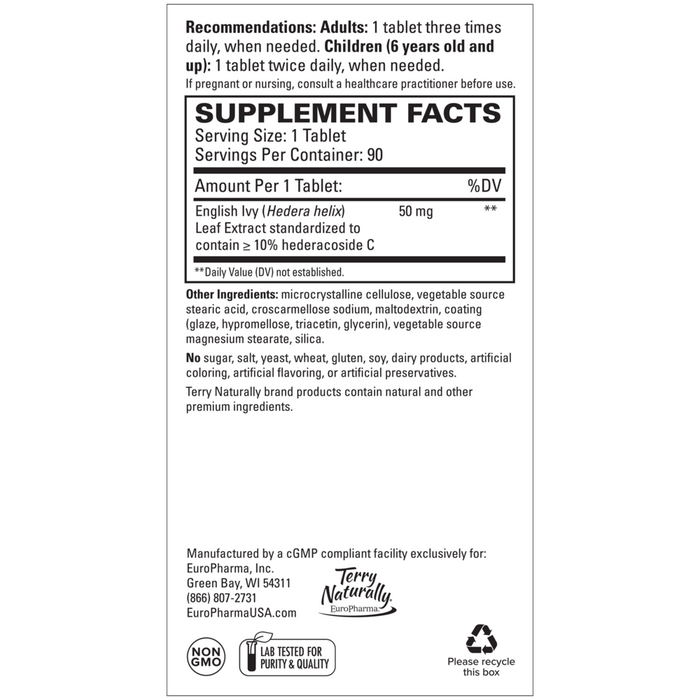 Terry Naturally Bronchial Clear 90 tablets supplement facts label