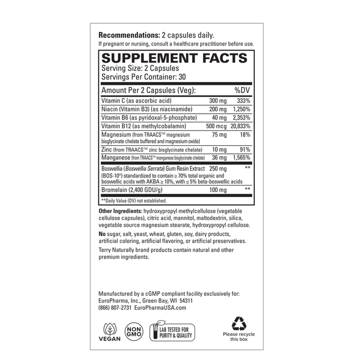 Terry Naturally Healthy Ligaments & Tendons 60 capsules supplement facts label