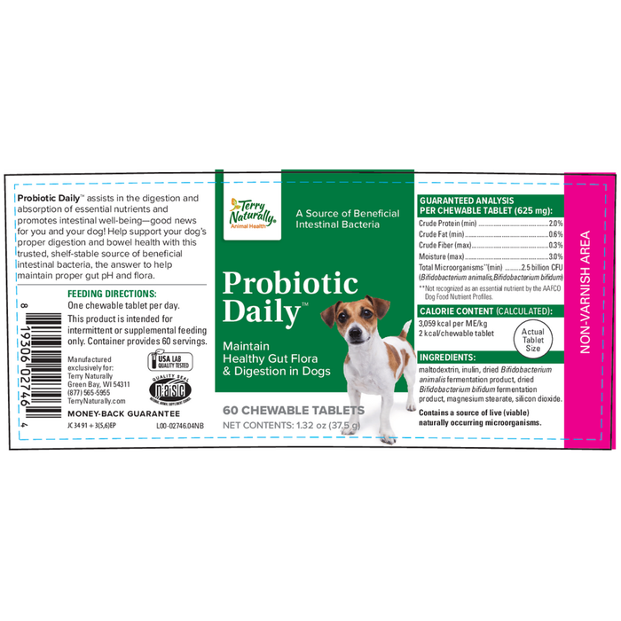 Terry Naturally Probiotic Daily for Dogs 60 chewable tablets full label